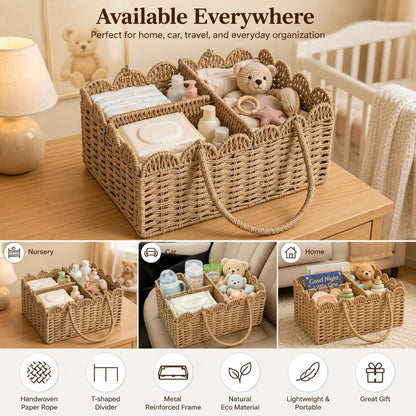 Large Wicker Diaper Caddy Organizer, Scalloped Nursery Basket for Changing Table, Woven Rope Baby Holder with Removable Divider, Portable Organizer for Diapers Wipes Clothes Toys & Essentials (Brown)