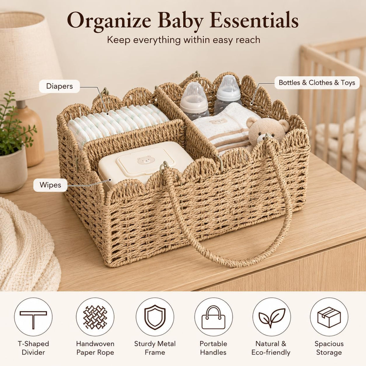Large Wicker Diaper Caddy Organizer, Scalloped Nursery Basket for Changing Table, Woven Rope Baby Holder with Removable Divider, Portable Organizer for Diapers Wipes Clothes Toys & Essentials (Brown)