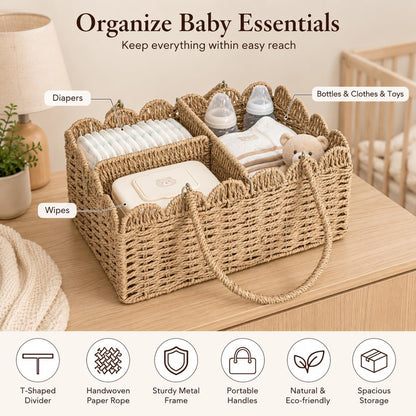 Large Wicker Diaper Caddy Organizer, Scalloped Nursery Basket for Changing Table, Woven Rope Baby Holder with Removable Divider, Portable Organizer for Diapers Wipes Clothes Toys & Essentials (Brown)