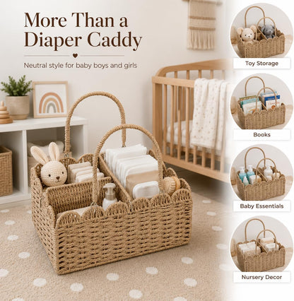 Large Wicker Diaper Caddy Organizer, Scalloped Nursery Basket for Changing Table, Woven Rope Baby Holder with Removable Divider, Portable Organizer for Diapers Wipes Clothes Toys & Essentials (Brown)
