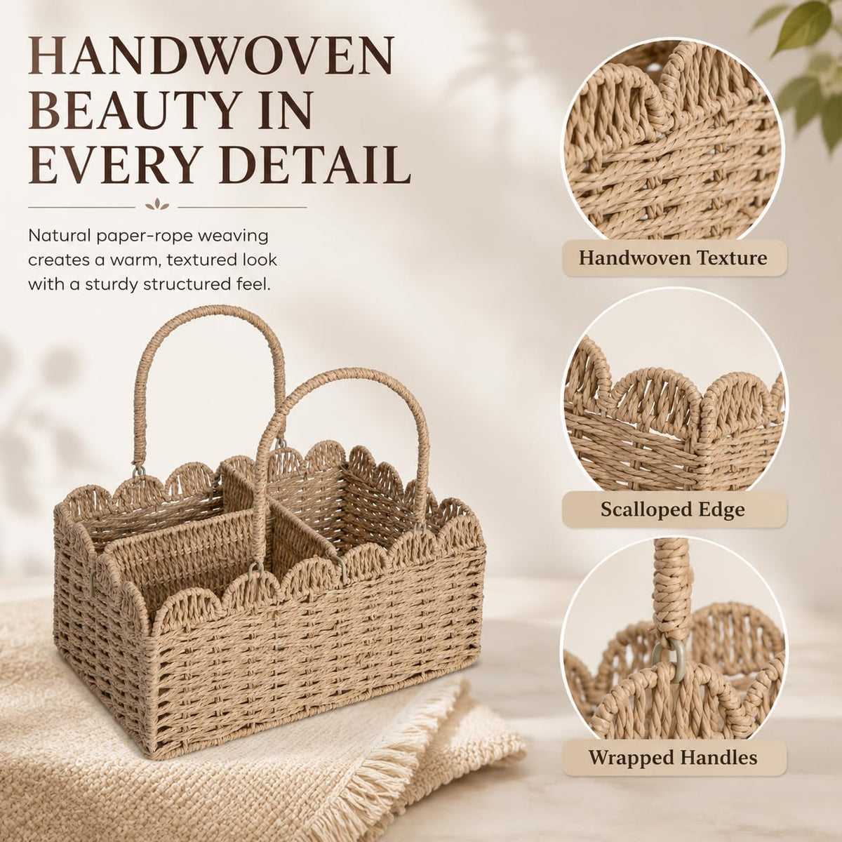 Large Wicker Diaper Caddy Organizer, Scalloped Nursery Basket for Changing Table, Woven Rope Baby Holder with Removable Divider, Portable Organizer for Diapers Wipes Clothes Toys & Essentials (Brown)
