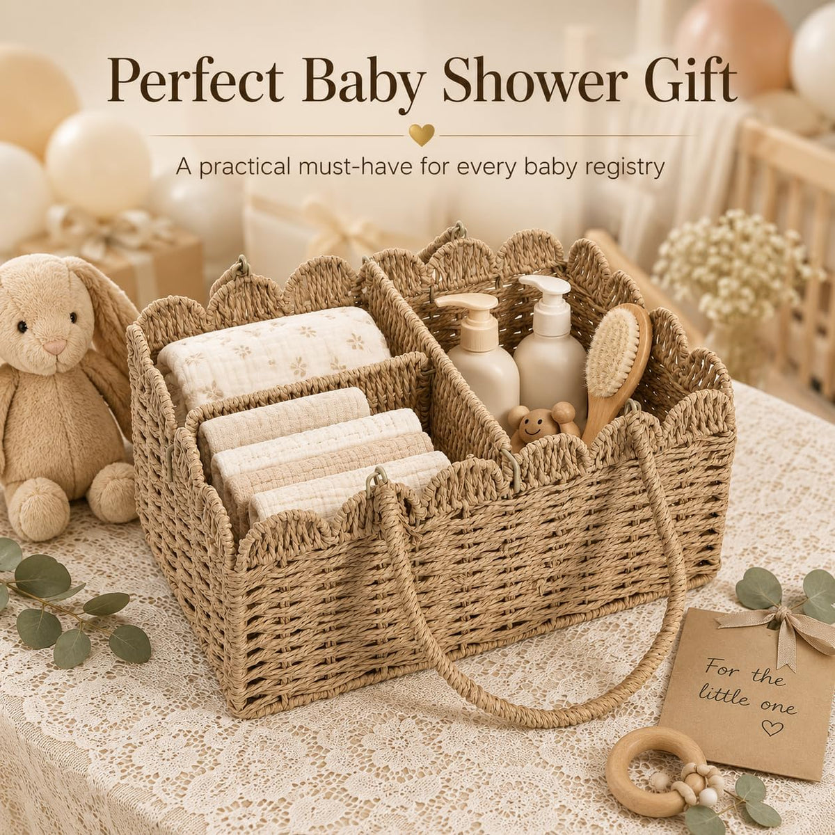 Large Wicker Diaper Caddy Organizer, Scalloped Nursery Basket for Changing Table, Woven Rope Baby Holder with Removable Divider, Portable Organizer for Diapers Wipes Clothes Toys & Essentials (Brown)