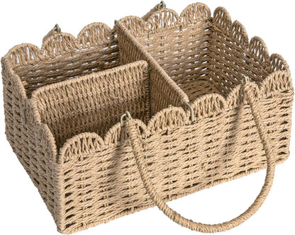 Large Wicker Diaper Caddy Organizer, Scalloped Nursery Basket for Changing Table, Woven Rope Baby Holder with Removable Divider, Portable Organizer for Diapers Wipes Clothes Toys & Essentials (Brown)