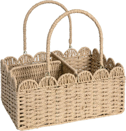 Large Wicker Diaper Caddy Organizer, Scalloped Nursery Basket for Changing Table, Woven Rope Baby Holder with Removable Divider, Portable Organizer for Diapers Wipes Clothes Toys & Essentials (Brown)
