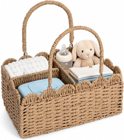 Large Wicker Diaper Caddy Organizer, Scalloped Nursery Basket for Changing Table, Woven Rope Baby Holder with Removable Divider, Portable Organizer for Diapers Wipes Clothes Toys & Essentials (Brown)