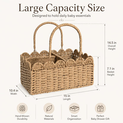 Large Wicker Diaper Caddy Organizer, Scalloped Nursery Basket for Changing Table, Woven Rope Baby Holder with Removable Divider, Portable Organizer for Diapers Wipes Clothes Toys & Essentials (Brown)