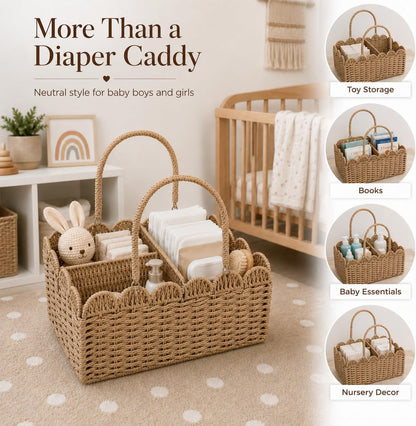 Large Wicker Diaper Caddy Organizer, Scalloped Nursery Basket for Changing Table, Woven Rope Baby Holder with Removable Divider, Portable Organizer for Diapers Wipes Clothes Toys & Essentials (Brown)