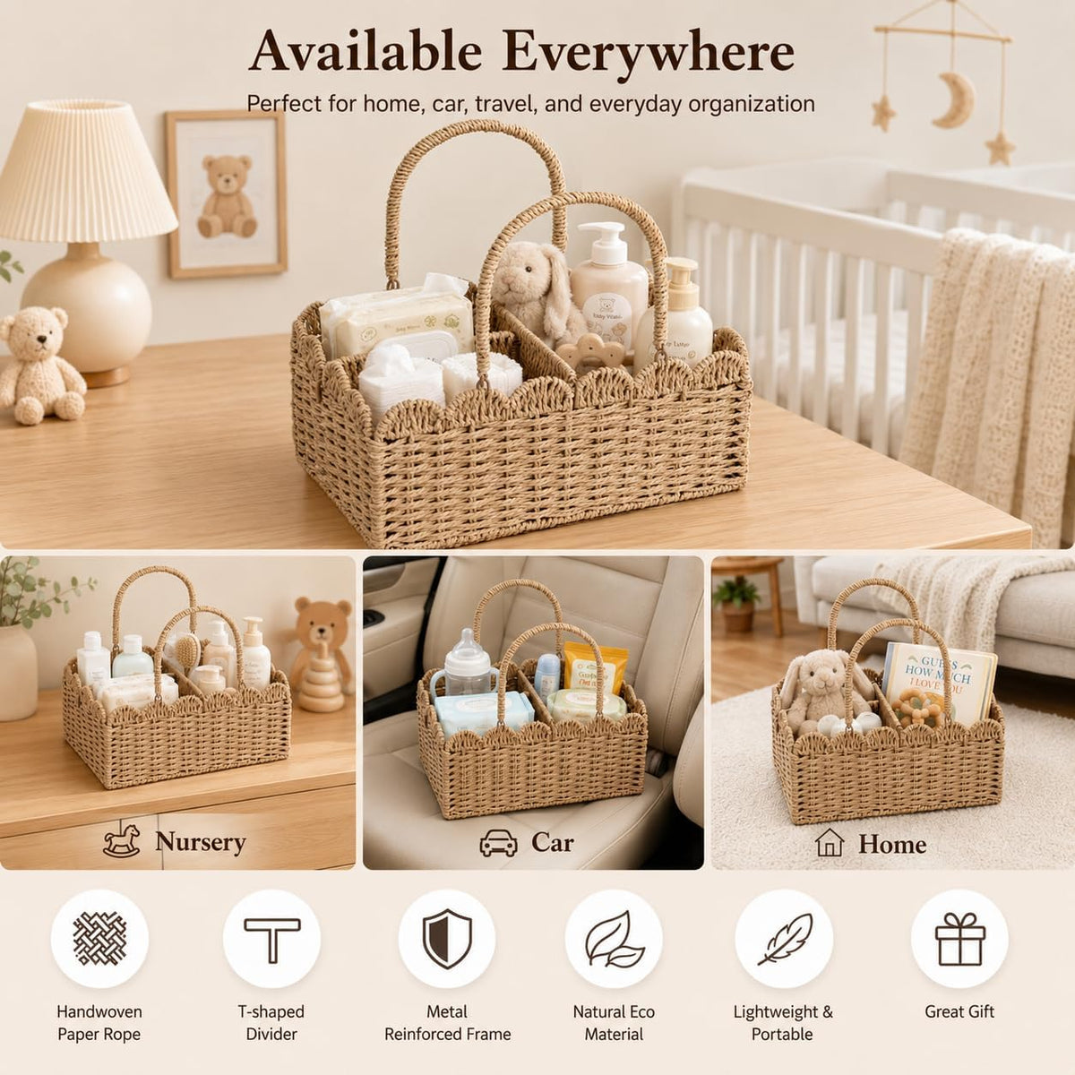 Large Wicker Diaper Caddy Organizer, Scalloped Nursery Basket for Changing Table, Woven Rope Baby Holder with Removable Divider, Portable Organizer for Diapers Wipes Clothes Toys & Essentials (Brown)