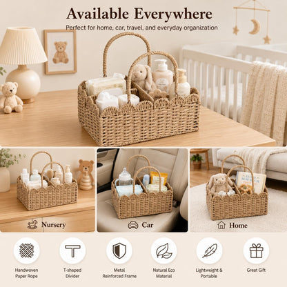 Large Wicker Diaper Caddy Organizer, Scalloped Nursery Basket for Changing Table, Woven Rope Baby Holder with Removable Divider, Portable Organizer for Diapers Wipes Clothes Toys & Essentials (Brown)