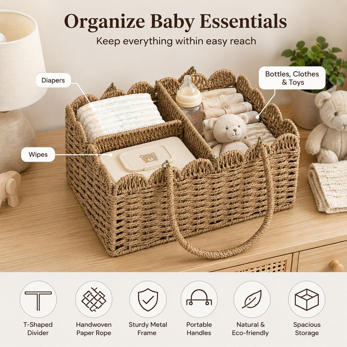 Large Wicker Diaper Caddy Organizer, Scalloped Nursery Basket for Changing Table, Woven Rope Baby Holder with Removable Divider, Portable Organizer for Diapers Wipes Clothes Toys & Essentials (Brown)