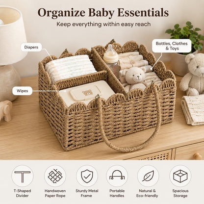 Large Wicker Diaper Caddy Organizer, Scalloped Nursery Basket for Changing Table, Woven Rope Baby Holder with Removable Divider, Portable Organizer for Diapers Wipes Clothes Toys & Essentials (Brown)