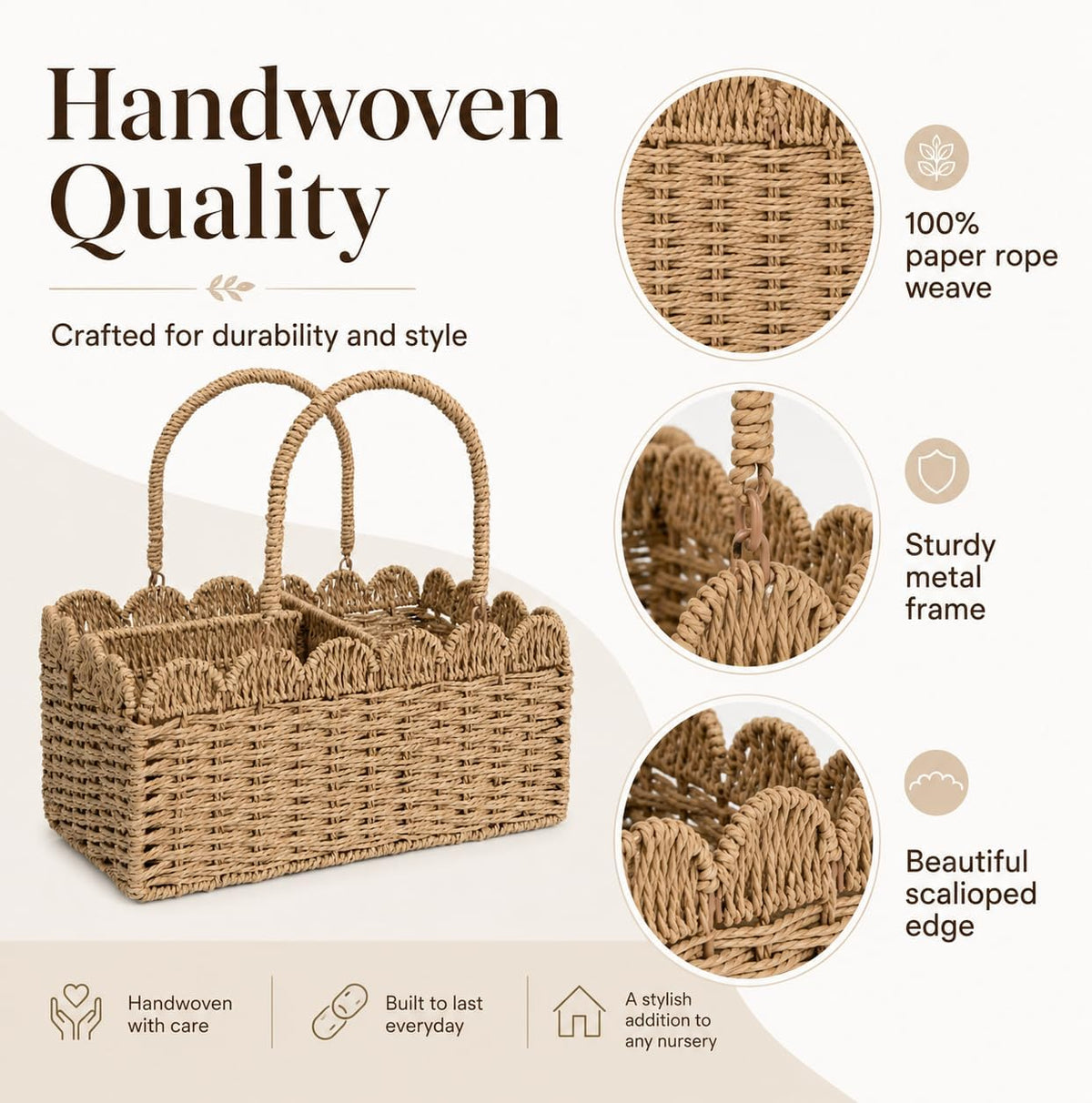 Large Wicker Diaper Caddy Organizer, Scalloped Nursery Basket for Changing Table, Woven Rope Baby Holder with Removable Divider, Portable Organizer for Diapers Wipes Clothes Toys & Essentials (Brown)