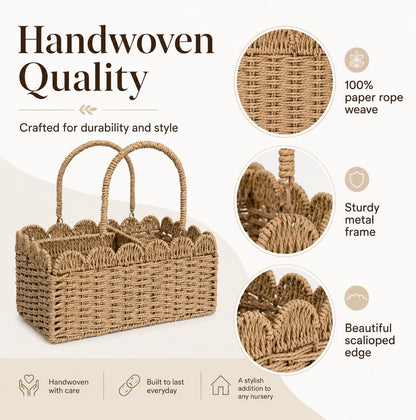 Large Wicker Diaper Caddy Organizer, Scalloped Nursery Basket for Changing Table, Woven Rope Baby Holder with Removable Divider, Portable Organizer for Diapers Wipes Clothes Toys & Essentials (Brown)