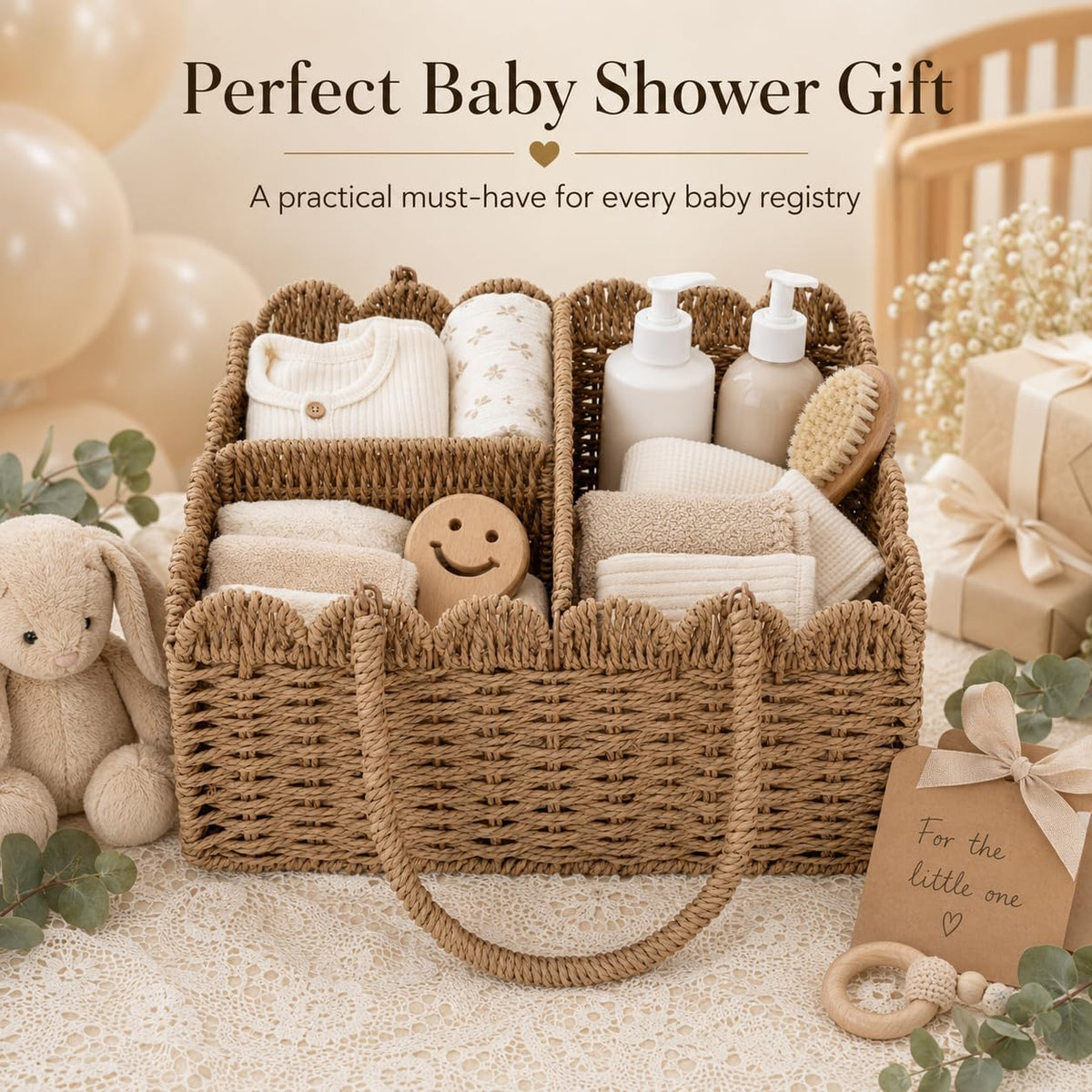 Large Wicker Diaper Caddy Organizer, Scalloped Nursery Basket for Changing Table, Woven Rope Baby Holder with Removable Divider, Portable Organizer for Diapers Wipes Clothes Toys & Essentials (Brown)