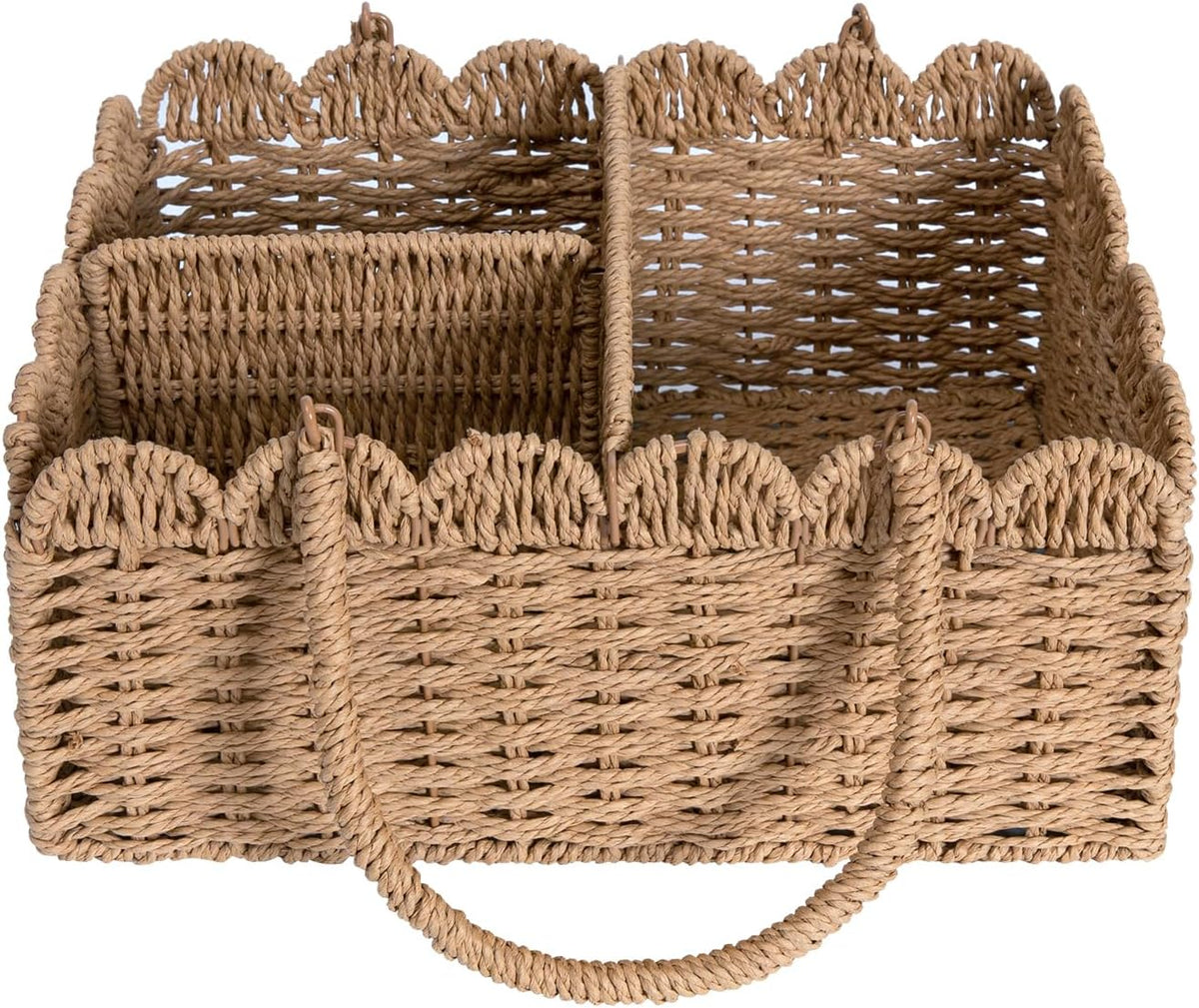 Large Wicker Diaper Caddy Organizer, Scalloped Nursery Basket for Changing Table, Woven Rope Baby Holder with Removable Divider, Portable Organizer for Diapers Wipes Clothes Toys & Essentials (Brown)