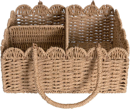Large Wicker Diaper Caddy Organizer, Scalloped Nursery Basket for Changing Table, Woven Rope Baby Holder with Removable Divider, Portable Organizer for Diapers Wipes Clothes Toys & Essentials (Brown)