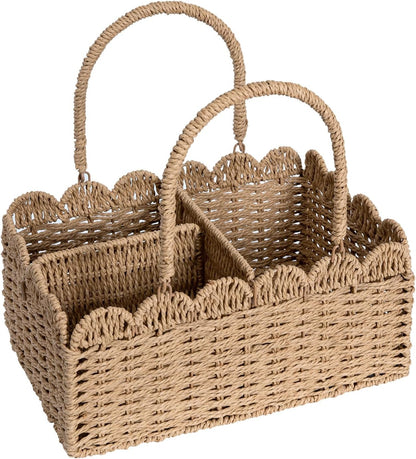 Large Wicker Diaper Caddy Organizer, Scalloped Nursery Basket for Changing Table, Woven Rope Baby Holder with Removable Divider, Portable Organizer for Diapers Wipes Clothes Toys & Essentials (Brown)
