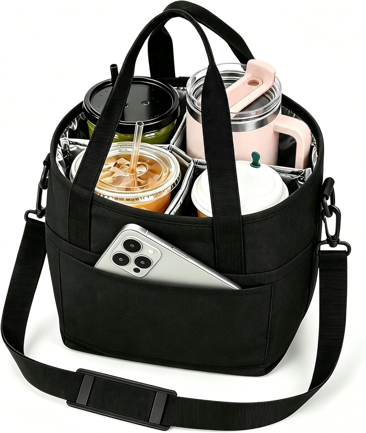 Drink Carrier Bag 4 Cup Holder, Reusable Beverage Carrier | No-Spill Insulated Adjustable Strap 4 Compartment Water Bottle Holder with Dividers for Delivery, Car Travel, Coffee & Drinks