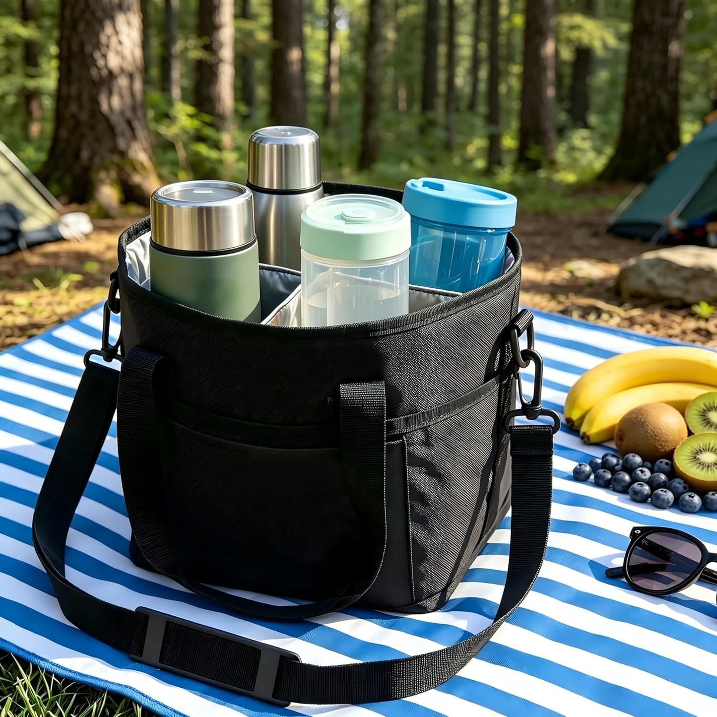 Drink Carrier Bag 4 Cup Holder, Reusable Beverage Carrier | No-Spill Insulated Adjustable Strap 4 Compartment Water Bottle Holder with Dividers for Delivery, Car Travel, Coffee & Drinks