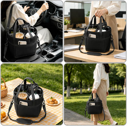 Drink Carrier Bag 4 Cup Holder, Reusable Beverage Carrier | No-Spill Insulated Adjustable Strap 4 Compartment Water Bottle Holder with Dividers for Delivery, Car Travel, Coffee & Drinks