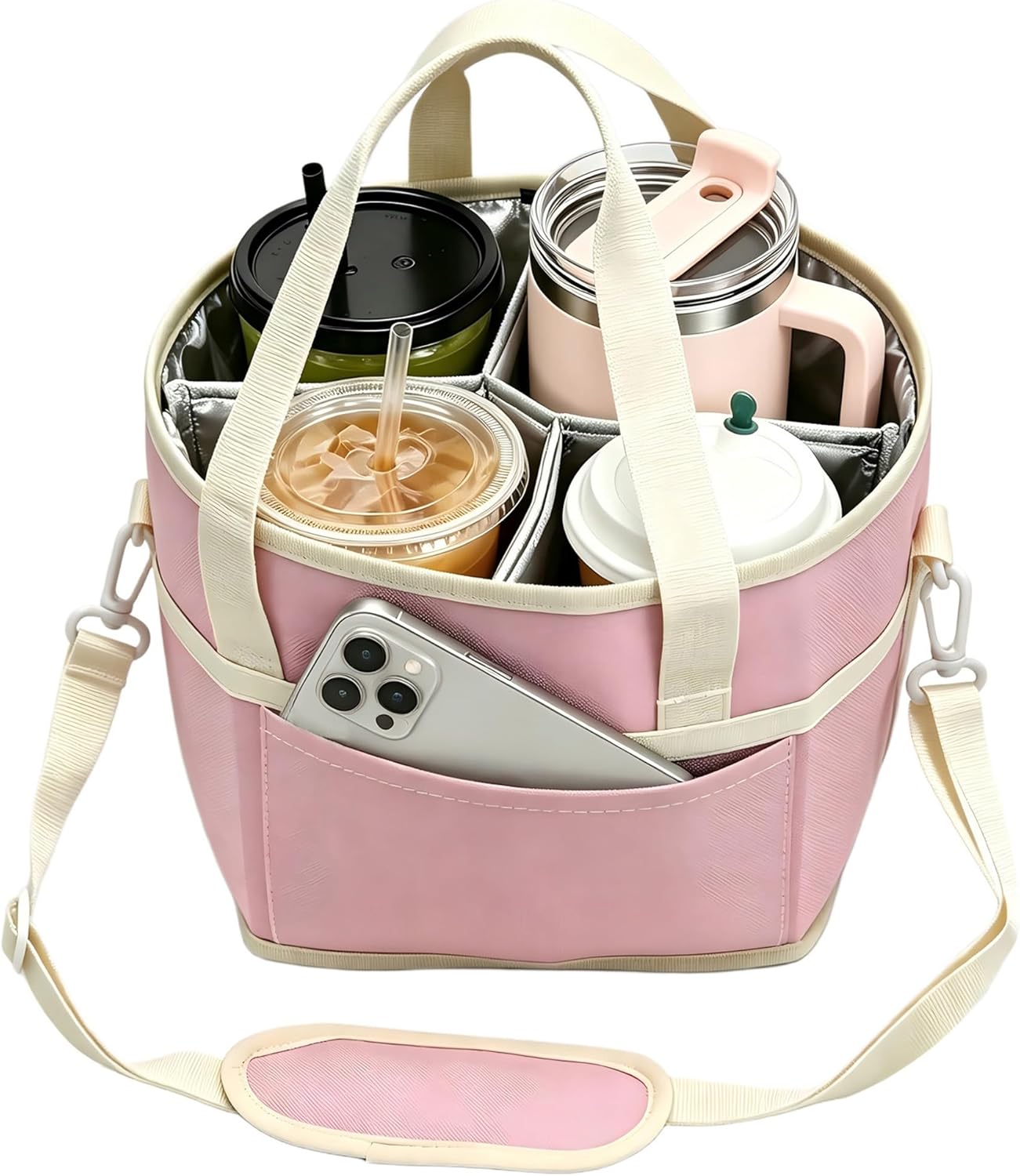 Drink Carrier Bag 4 Cup Holder, Reusable Beverage Carrier | No-Spill Insulated Adjustable Strap 4 Compartment Water Bottle Holder with Dividers for Delivery, Car Travel, Coffee & Drinks