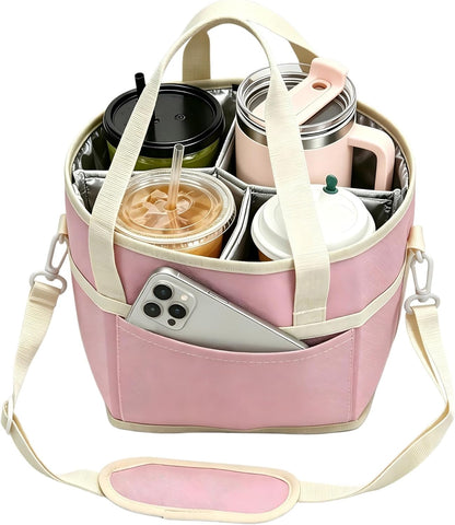 Drink Carrier Bag 4 Cup Holder, Reusable Beverage Carrier | No-Spill Insulated Adjustable Strap 4 Compartment Water Bottle Holder with Dividers for Delivery, Car Travel, Coffee & Drinks