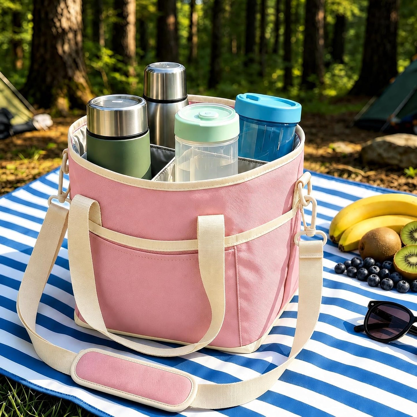 Drink Carrier Bag 4 Cup Holder, Reusable Beverage Carrier | No-Spill Insulated Adjustable Strap 4 Compartment Water Bottle Holder with Dividers for Delivery, Car Travel, Coffee & Drinks