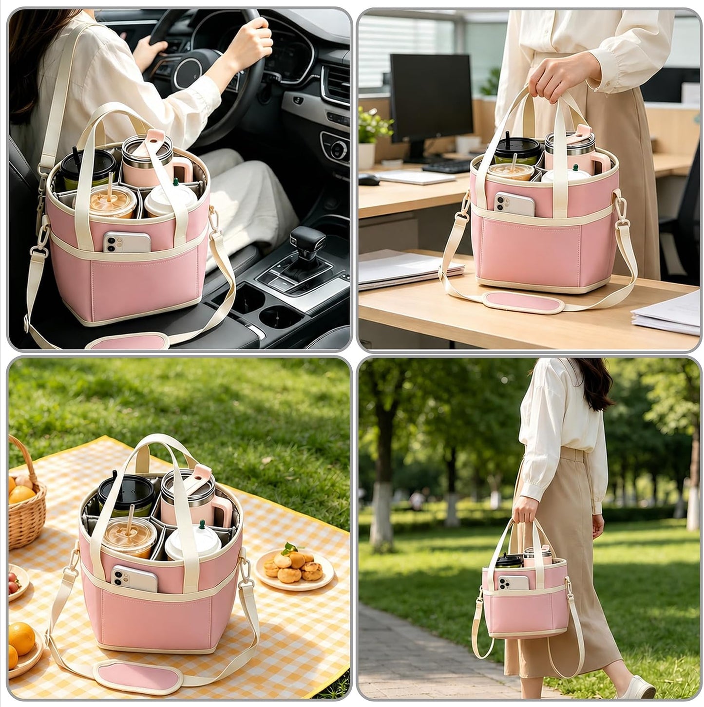 Drink Carrier Bag 4 Cup Holder, Reusable Beverage Carrier | No-Spill Insulated Adjustable Strap 4 Compartment Water Bottle Holder with Dividers for Delivery, Car Travel, Coffee & Drinks