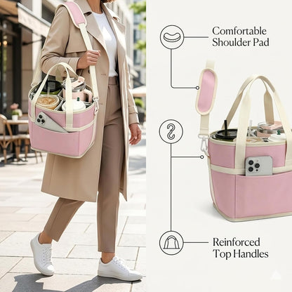 Drink Carrier Bag 4 Cup Holder, Reusable Beverage Carrier | No-Spill Insulated Adjustable Strap 4 Compartment Water Bottle Holder with Dividers for Delivery, Car Travel, Coffee & Drinks