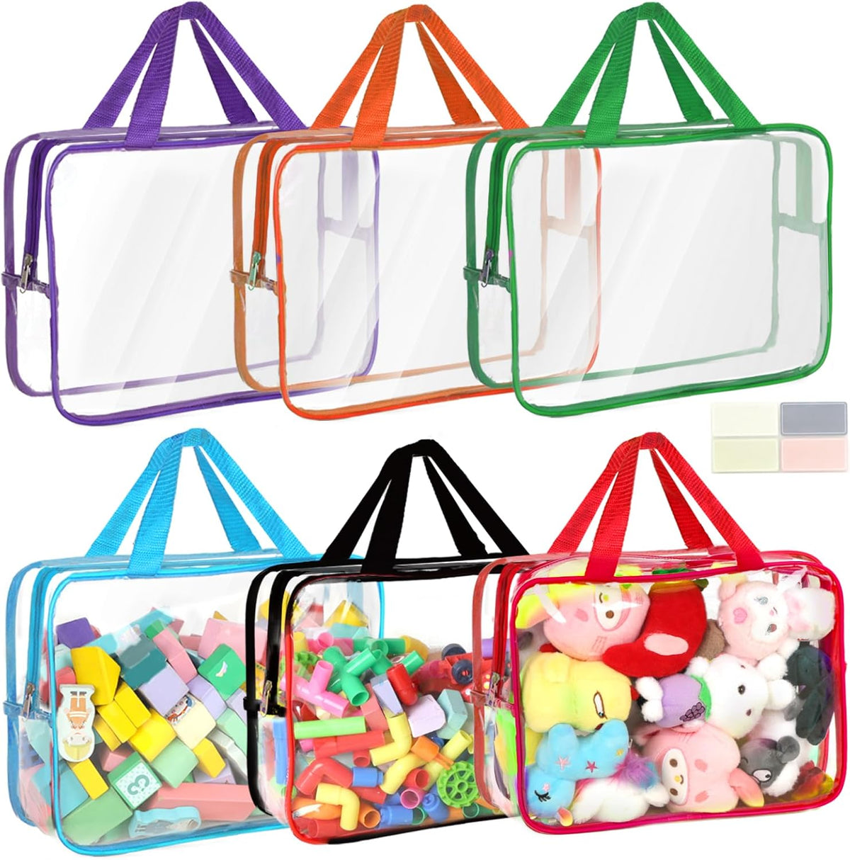 6 Packs Toy Storage Bags with Labels, 11.8x8.7x3.9In Large PVC Reusable Clear Board Game Storage with Zipper, Travel Waterproof Organizer Bags for Building Blocks, Puzzle, Kids Books, Stationery