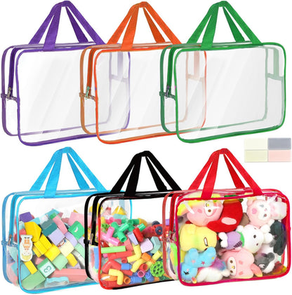 6 Packs Toy Storage Bags with Labels, 11.8x8.7x3.9In Large PVC Reusable Clear Board Game Storage with Zipper, Travel Waterproof Organizer Bags for Building Blocks, Puzzle, Kids Books, Stationery