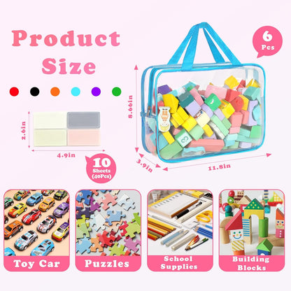 6 Packs Toy Storage Bags with Labels, 11.8x8.7x3.9In Large PVC Reusable Clear Board Game Storage with Zipper, Travel Waterproof Organizer Bags for Building Blocks, Puzzle, Kids Books, Stationery