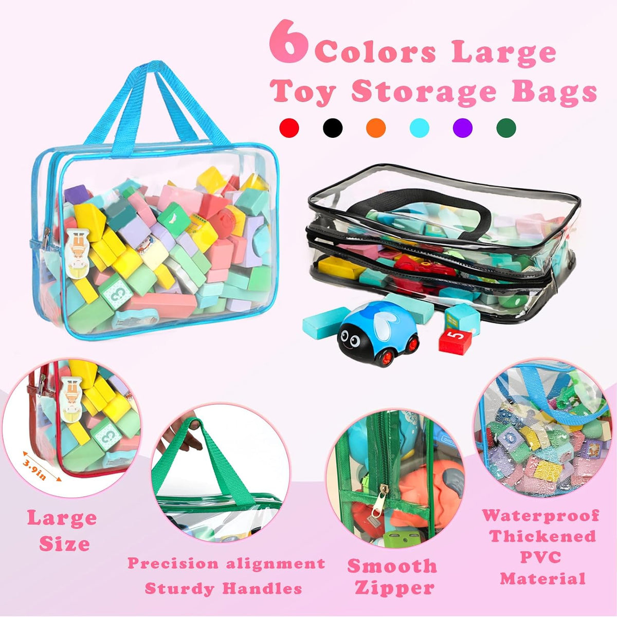 6 Packs Toy Storage Bags with Labels, 11.8x8.7x3.9In Large PVC Reusable Clear Board Game Storage with Zipper, Travel Waterproof Organizer Bags for Building Blocks, Puzzle, Kids Books, Stationery