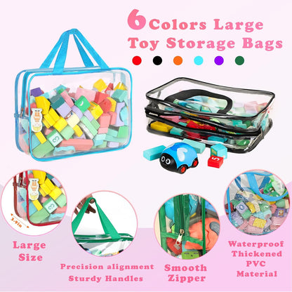 6 Packs Toy Storage Bags with Labels, 11.8x8.7x3.9In Large PVC Reusable Clear Board Game Storage with Zipper, Travel Waterproof Organizer Bags for Building Blocks, Puzzle, Kids Books, Stationery