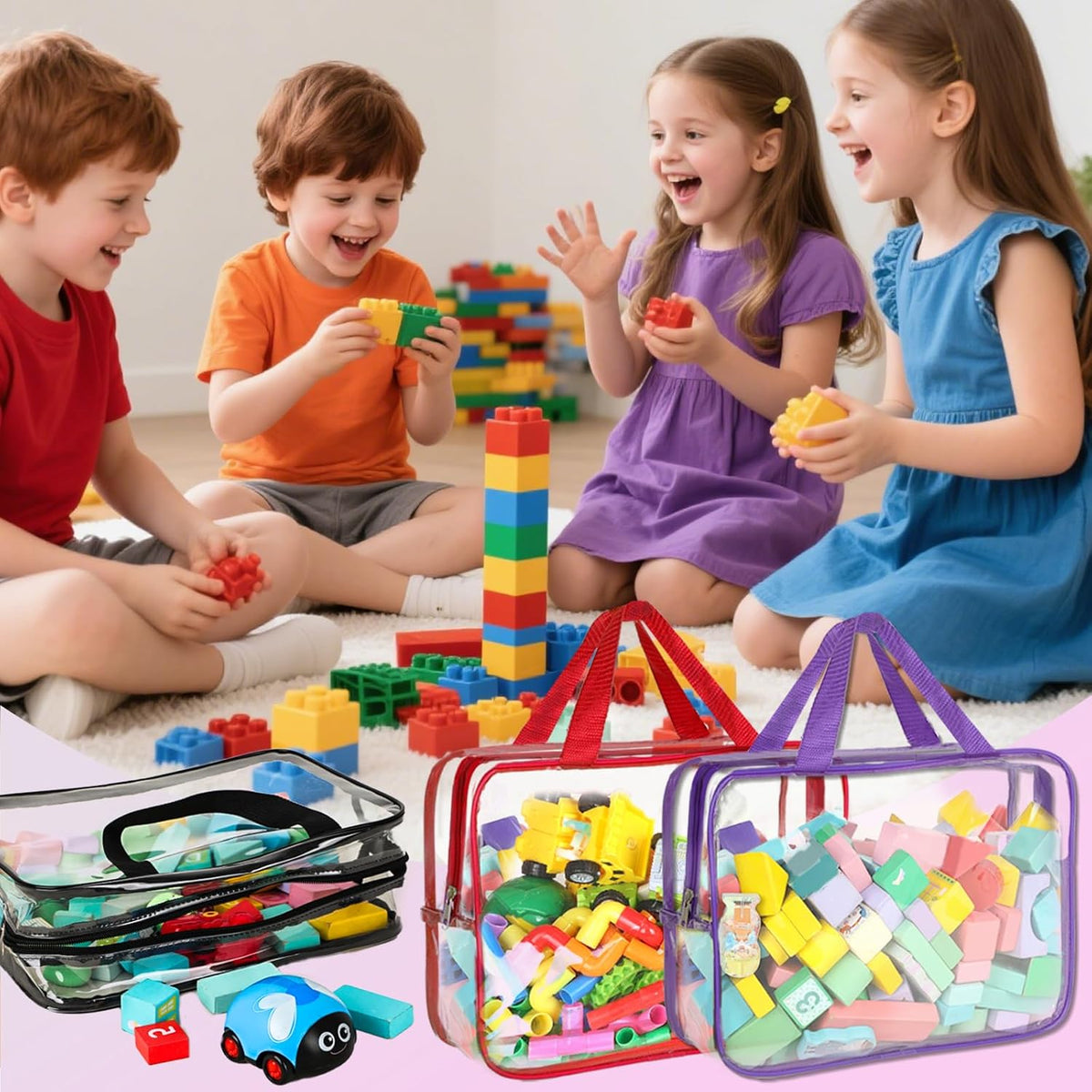 6 Packs Toy Storage Bags with Labels, 11.8x8.7x3.9In Large PVC Reusable Clear Board Game Storage with Zipper, Travel Waterproof Organizer Bags for Building Blocks, Puzzle, Kids Books, Stationery