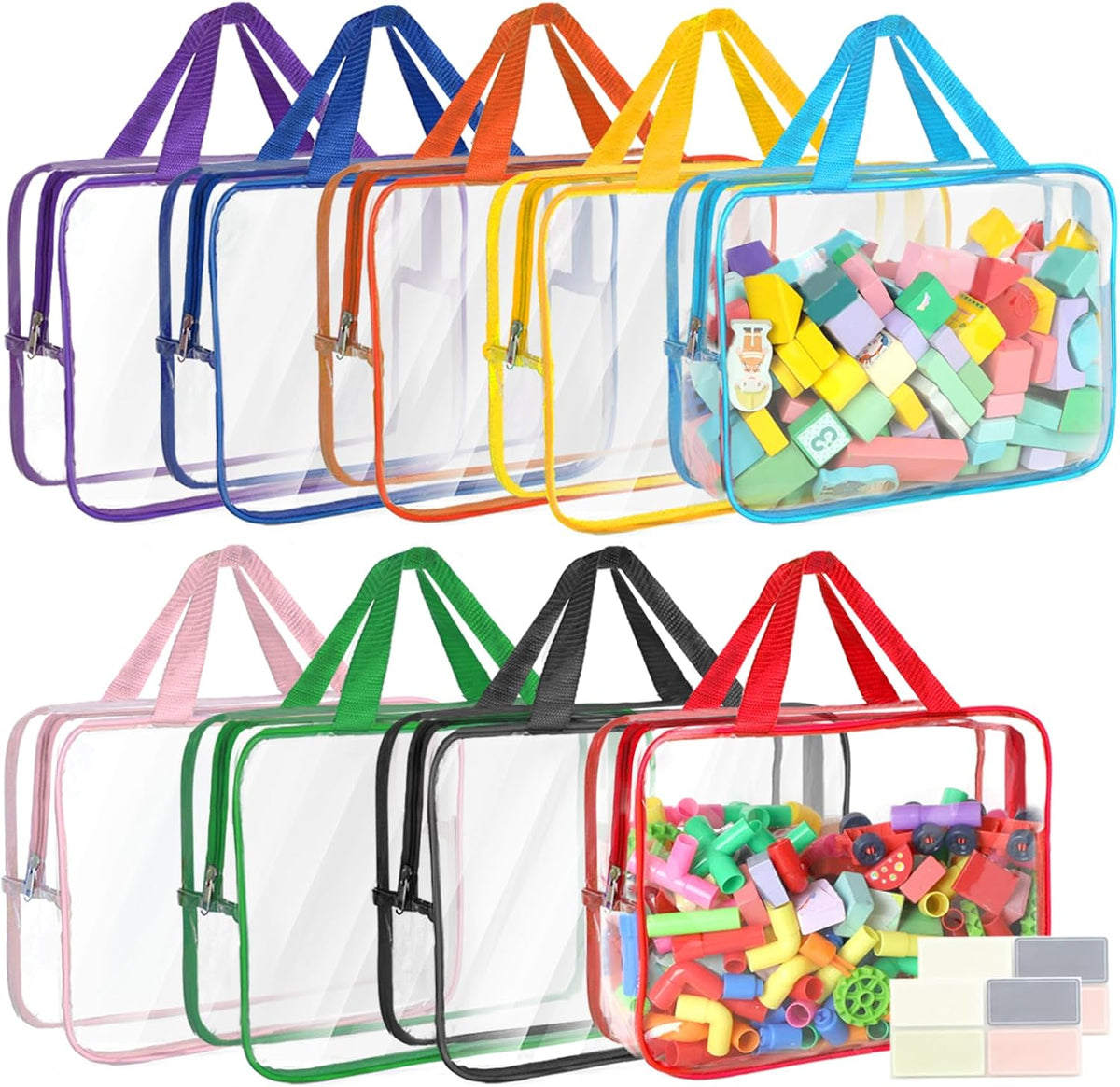 6 Packs Toy Storage Bags with Labels, 11.8x8.7x3.9In Large PVC Reusable Clear Board Game Storage with Zipper, Travel Waterproof Organizer Bags for Building Blocks, Puzzle, Kids Books, Stationery