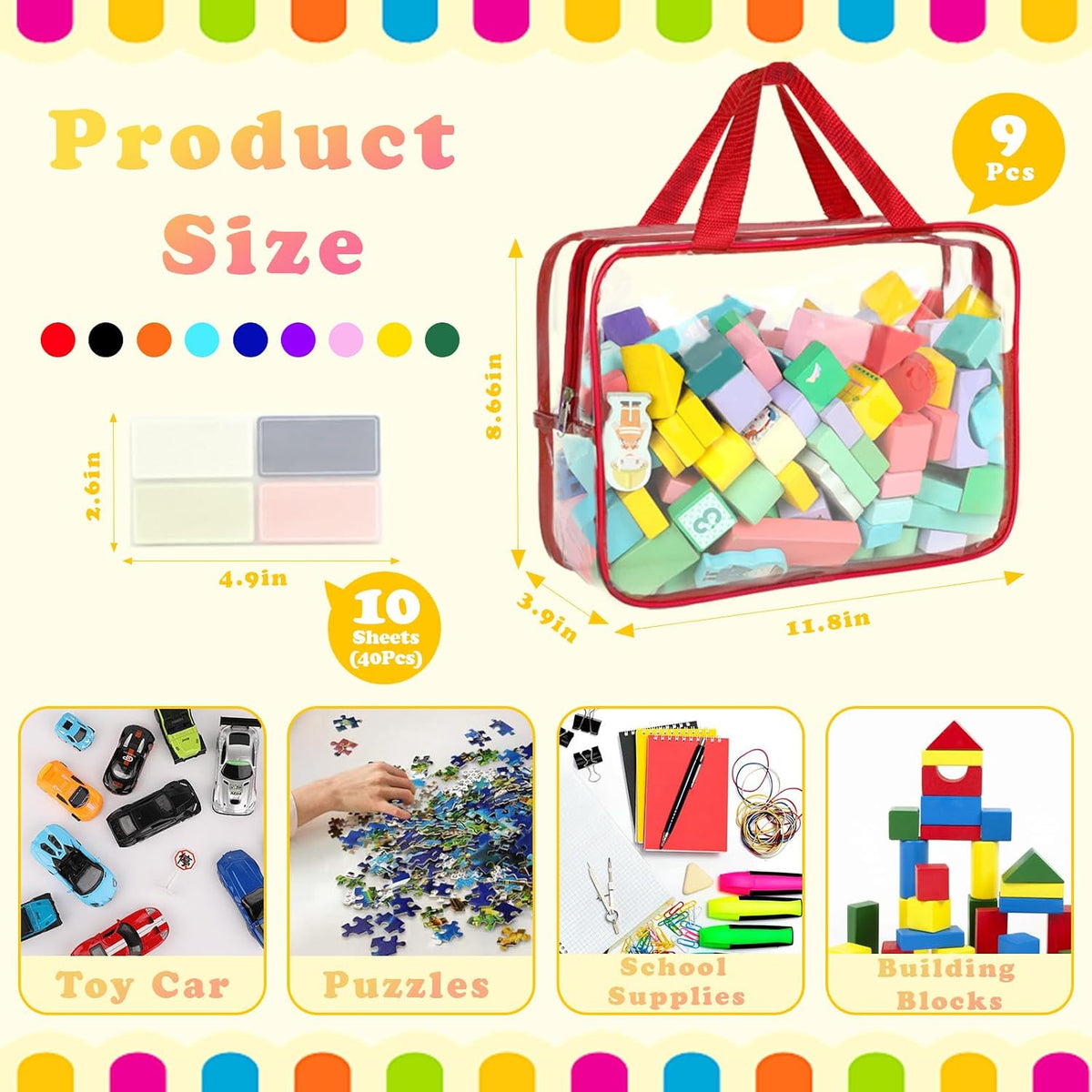 6 Packs Toy Storage Bags with Labels, 11.8x8.7x3.9In Large PVC Reusable Clear Board Game Storage with Zipper, Travel Waterproof Organizer Bags for Building Blocks, Puzzle, Kids Books, Stationery