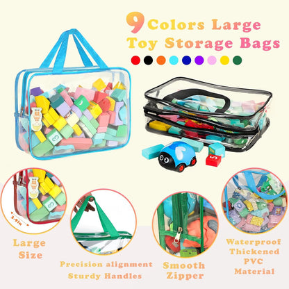 6 Packs Toy Storage Bags with Labels, 11.8x8.7x3.9In Large PVC Reusable Clear Board Game Storage with Zipper, Travel Waterproof Organizer Bags for Building Blocks, Puzzle, Kids Books, Stationery