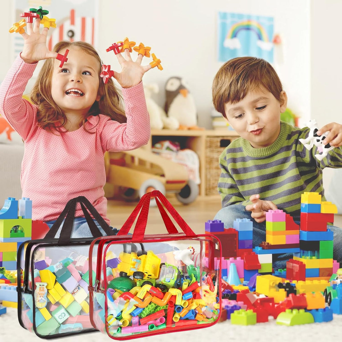 6 Packs Toy Storage Bags with Labels, 11.8x8.7x3.9In Large PVC Reusable Clear Board Game Storage with Zipper, Travel Waterproof Organizer Bags for Building Blocks, Puzzle, Kids Books, Stationery
