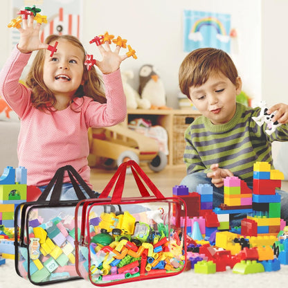6 Packs Toy Storage Bags with Labels, 11.8x8.7x3.9In Large PVC Reusable Clear Board Game Storage with Zipper, Travel Waterproof Organizer Bags for Building Blocks, Puzzle, Kids Books, Stationery