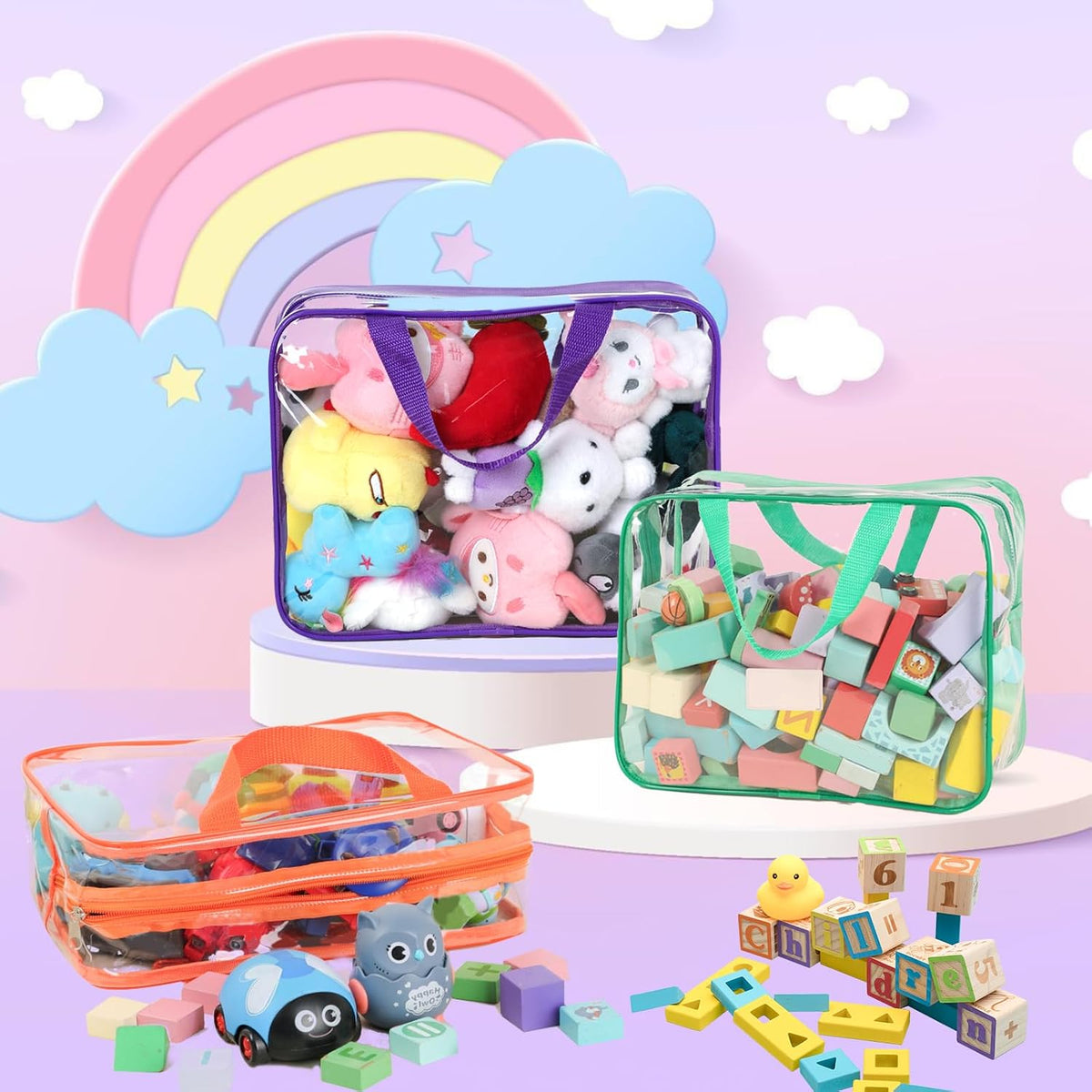 6 Packs Toy Storage Bags with Labels, 11.8x8.7x3.9In Large PVC Reusable Clear Board Game Storage with Zipper, Travel Waterproof Organizer Bags for Building Blocks, Puzzle, Kids Books, Stationery