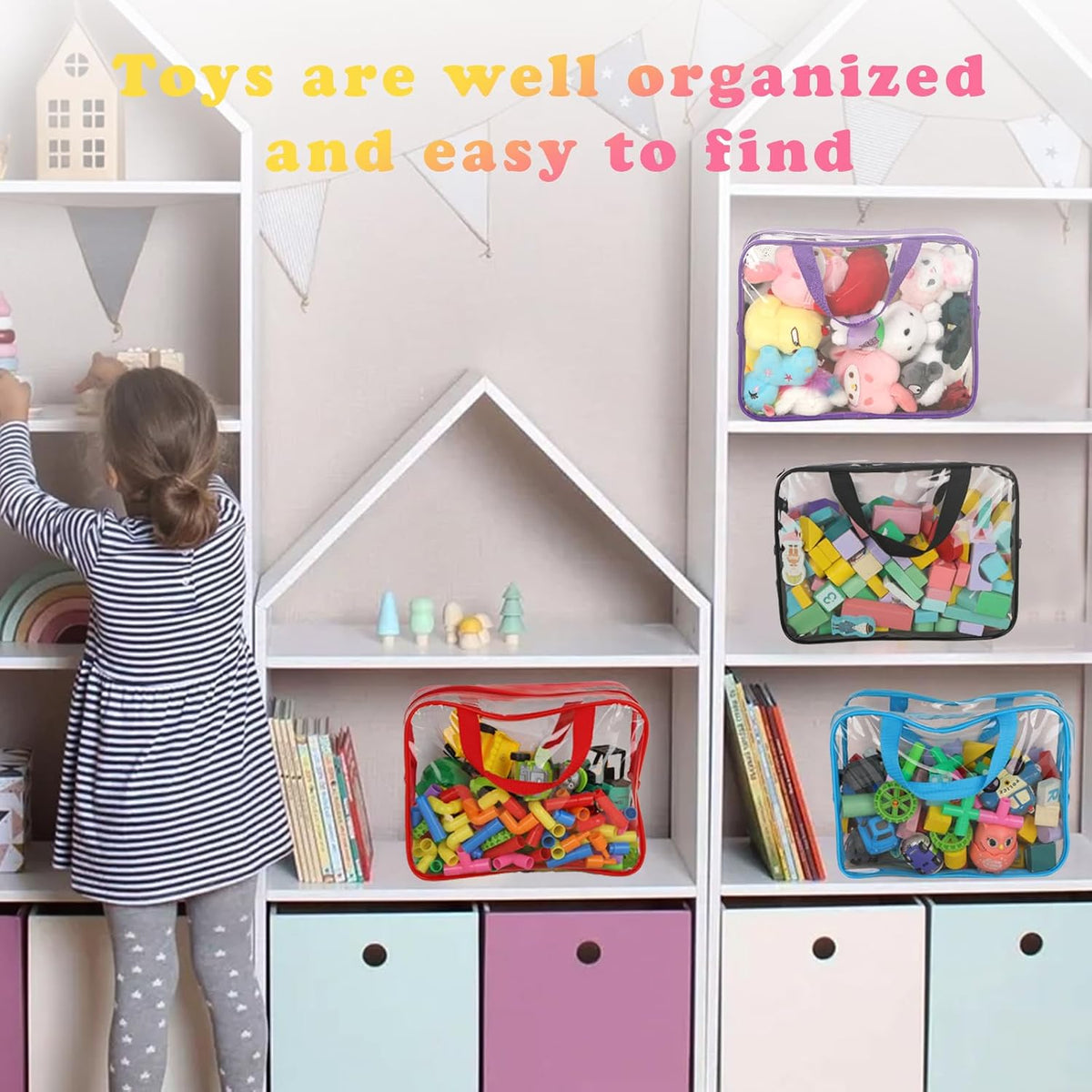 6 Packs Toy Storage Bags with Labels, 11.8x8.7x3.9In Large PVC Reusable Clear Board Game Storage with Zipper, Travel Waterproof Organizer Bags for Building Blocks, Puzzle, Kids Books, Stationery