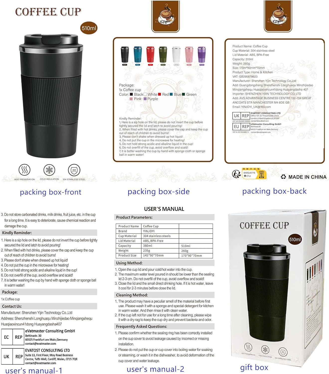 17oz Travel Coffee Cups Insulated Mug Thermal Tumbler to Go with Lid Leak Proof Reusable Stainless Steel Coffee Mug Spill Proof for Hot and Iced Cold Drinks (Blue, 510ml)
