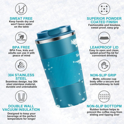 17oz Travel Coffee Cups Insulated Mug Thermal Tumbler to Go with Lid Leak Proof Reusable Stainless Steel Coffee Mug Spill Proof for Hot and Iced Cold Drinks (Blue, 510ml)
