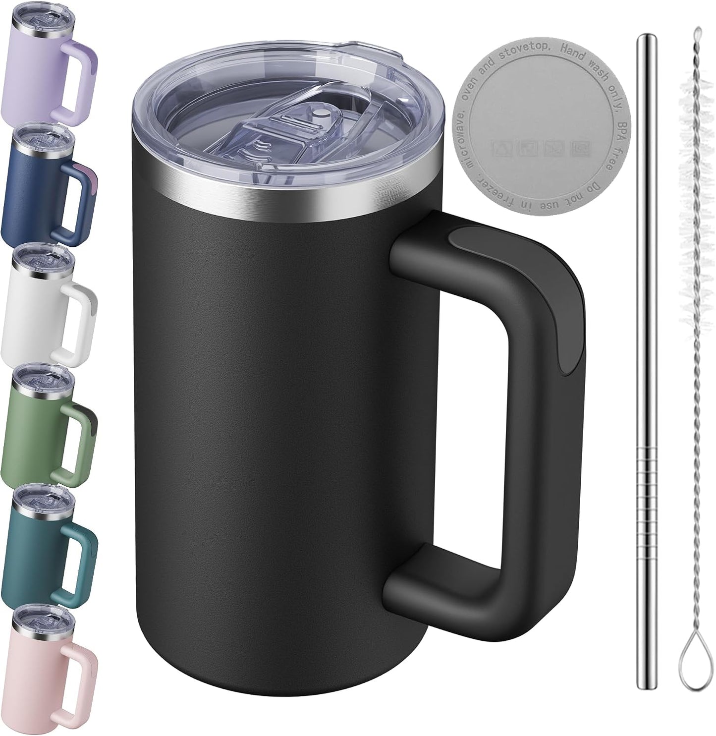 20oz Insulated Coffee Mug With Handle For Desk,Navy Blue | 18/8 Stainless Steel Thermal Tumbler Cup With Sliding Lid, Straw, Brush & Silicone Coaster. Ideal For Adult Desk Use.
