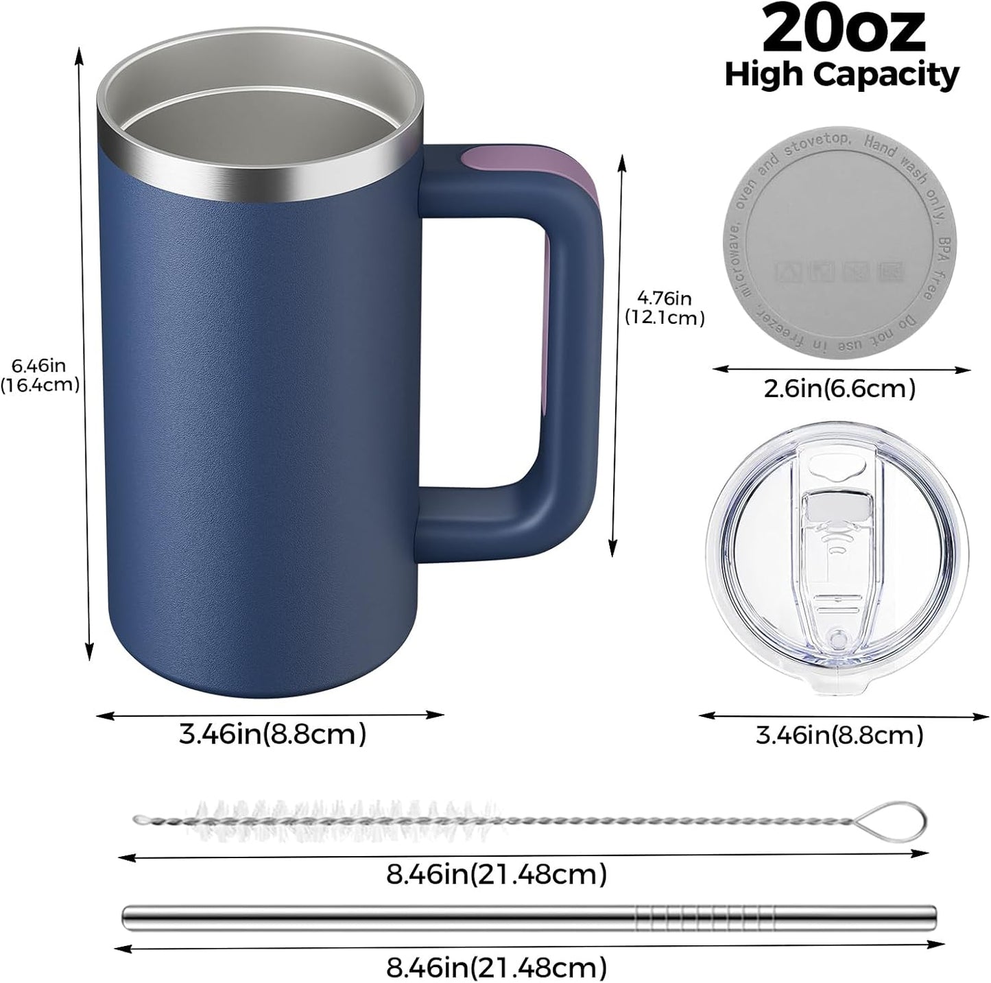 20oz Insulated Coffee Mug With Handle For Desk,Navy Blue | 18/8 Stainless Steel Thermal Tumbler Cup With Sliding Lid, Straw, Brush & Silicone Coaster. Ideal For Adult Desk Use.