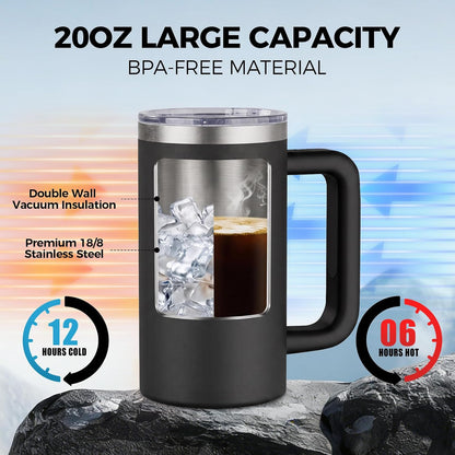 20oz Insulated Coffee Mug With Handle For Desk,Navy Blue | 18/8 Stainless Steel Thermal Tumbler Cup With Sliding Lid, Straw, Brush & Silicone Coaster. Ideal For Adult Desk Use.