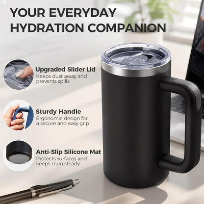 20oz Insulated Coffee Mug With Handle For Desk,Navy Blue | 18/8 Stainless Steel Thermal Tumbler Cup With Sliding Lid, Straw, Brush & Silicone Coaster. Ideal For Adult Desk Use.