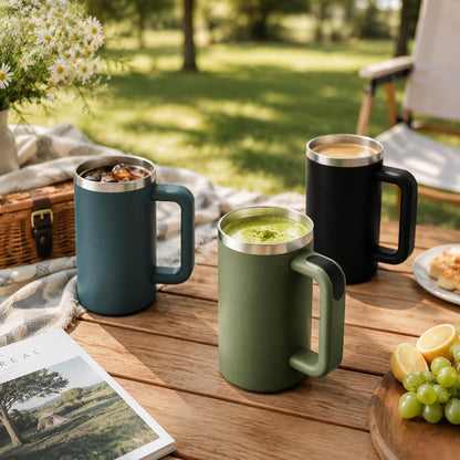 20oz Insulated Coffee Mug With Handle For Desk,Navy Blue | 18/8 Stainless Steel Thermal Tumbler Cup With Sliding Lid, Straw, Brush & Silicone Coaster. Ideal For Adult Desk Use.