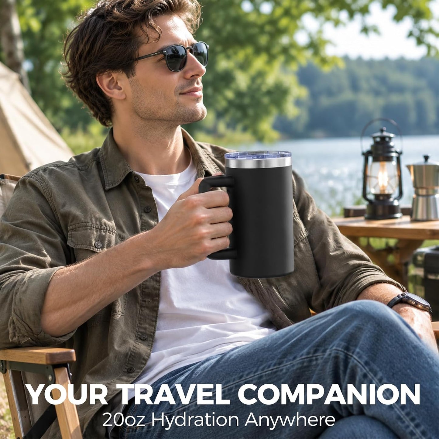 20oz Insulated Coffee Mug With Handle For Desk,Navy Blue | 18/8 Stainless Steel Thermal Tumbler Cup With Sliding Lid, Straw, Brush & Silicone Coaster. Ideal For Adult Desk Use.